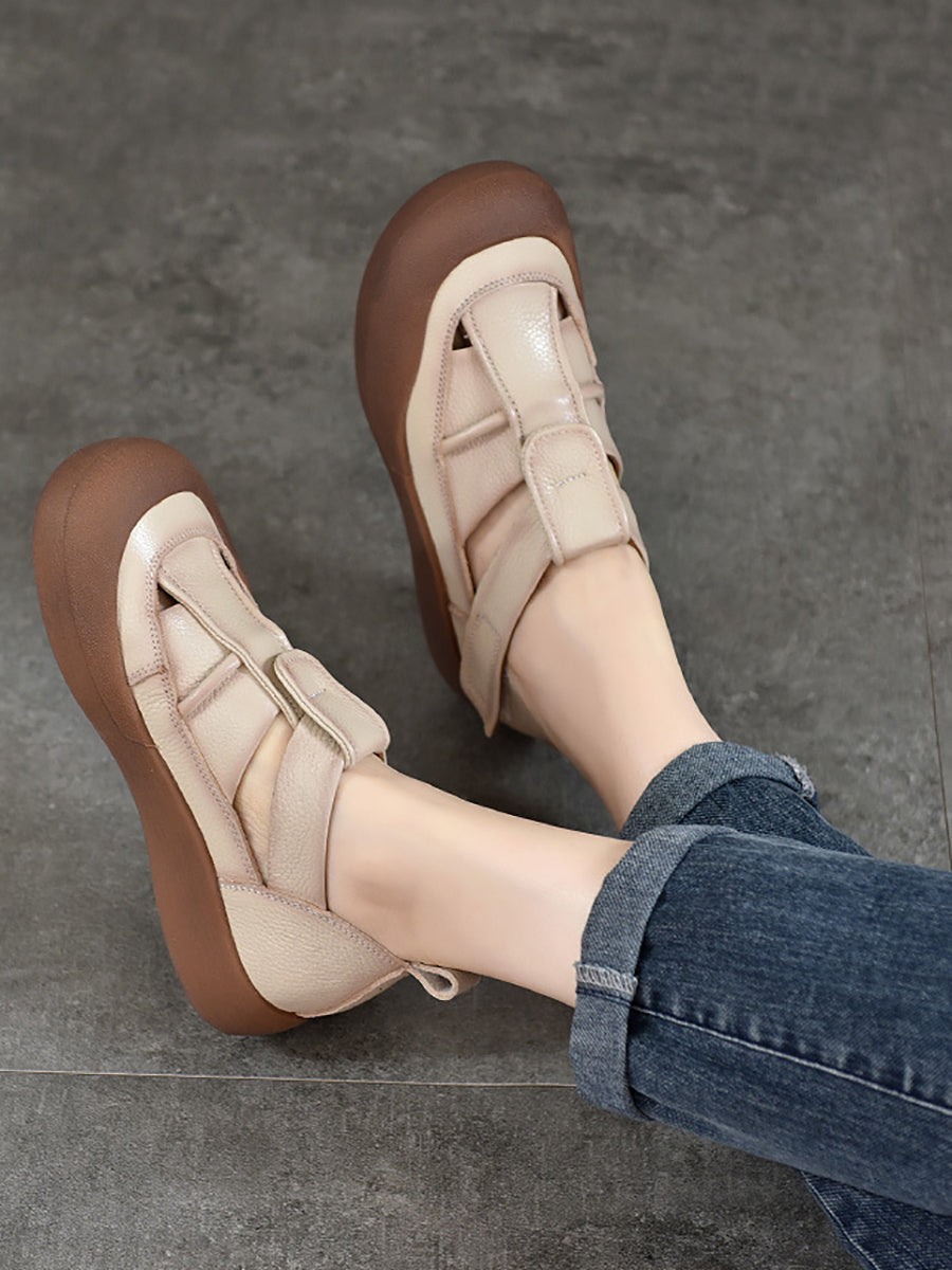Women Vintage Summer Solid Leather Flat Shoes AA1049