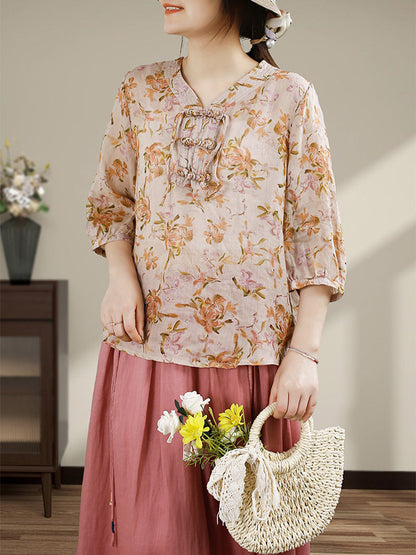 Women Summer Vintage Flower Buckle V-Neck Ramie Shirt HH014