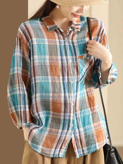 Women Vintage Plaid Summer Ramie Button-up Shirt SC1016