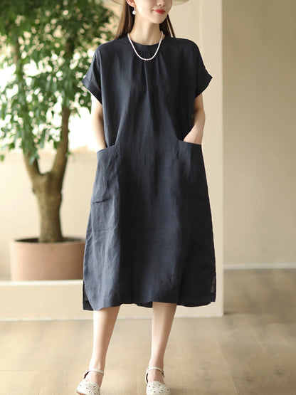 Women Summer Casual Solid Pocket O-Neck Linen Dress FD051