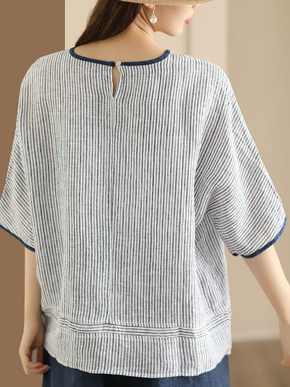 Women Summer Vintage Stripe Spliced Linen Shirt CV1052