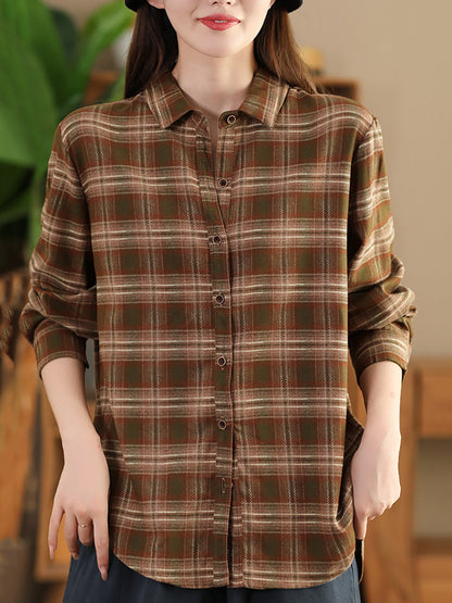 Women Autumn Vintage Plaid Button-up Cotton Blouse AI1031