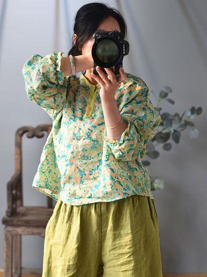 Women Ethnic Spring Flower Print V-Neck Shirt LL060