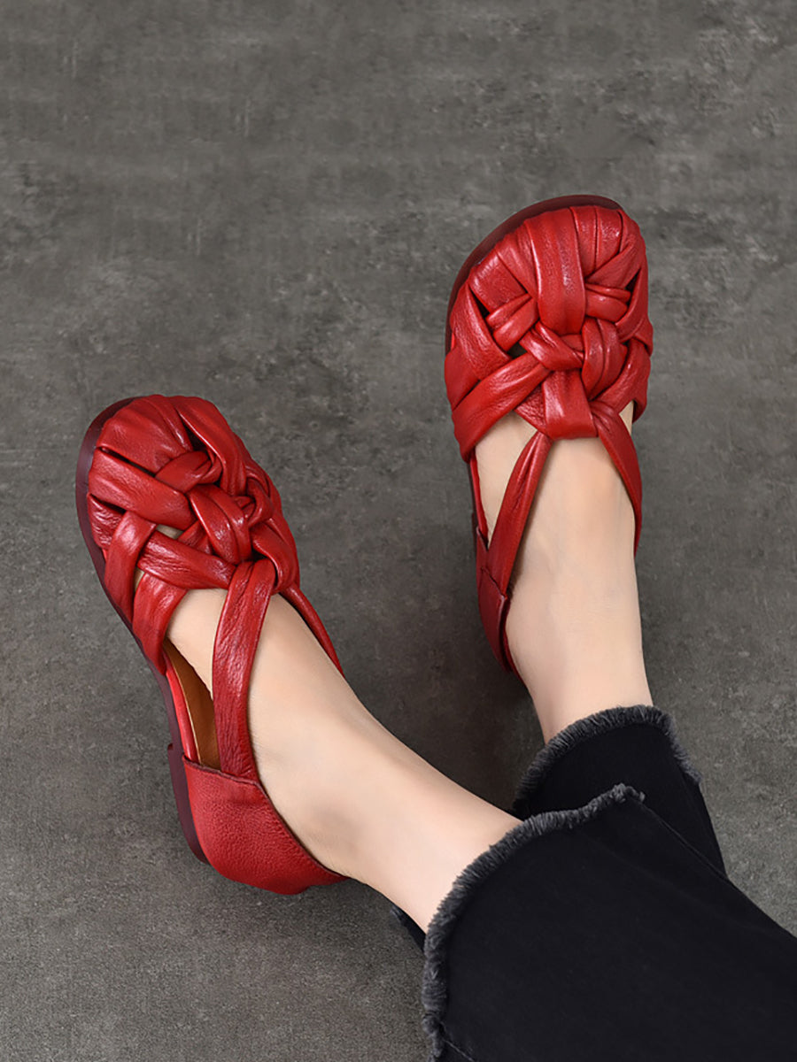 Sommer Leder Flache Retro Frauen Weben Echte Schuhe