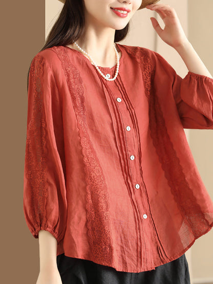 Women Summer Artsy Lace Spliced Ramie Button-Up Shirt II1020