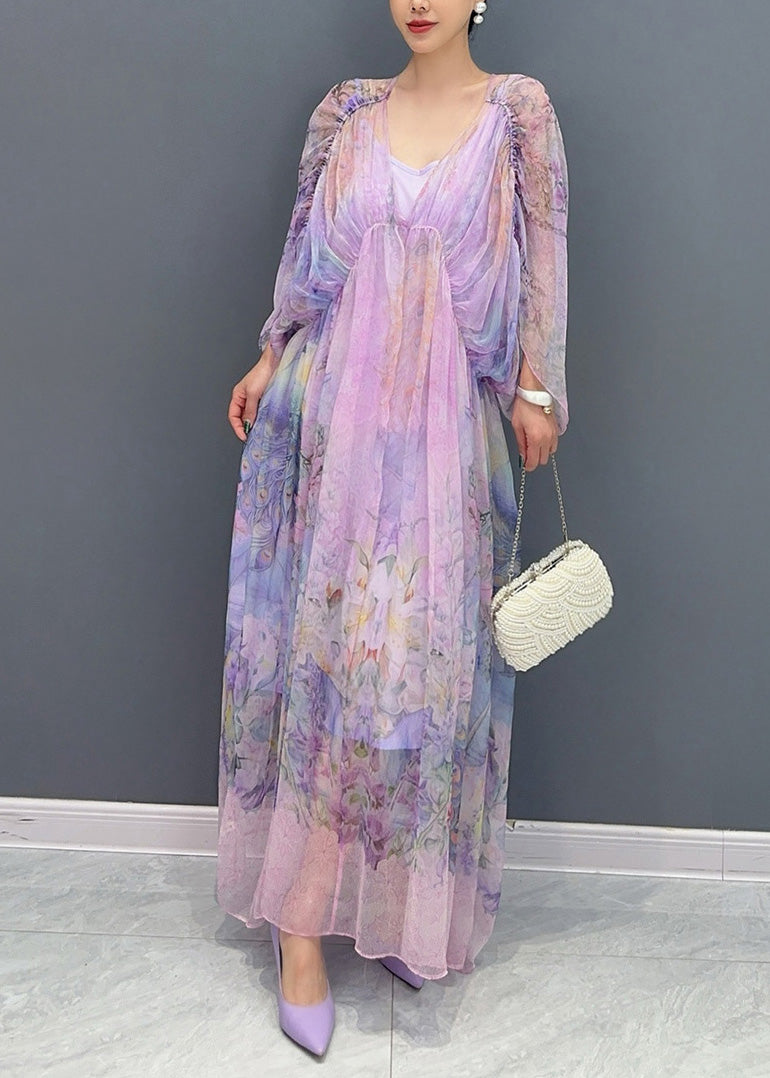 Women Lavender U Neck Print Patchwork Long Dresses Summer AO1064