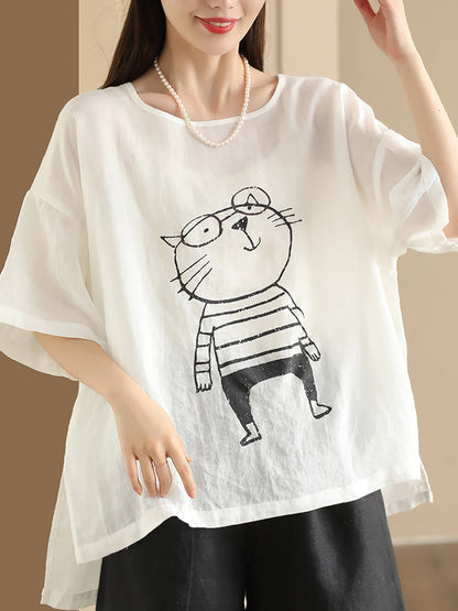 Women Summer Cartoon Cat Print Ramie Pullover Shirt OO1034