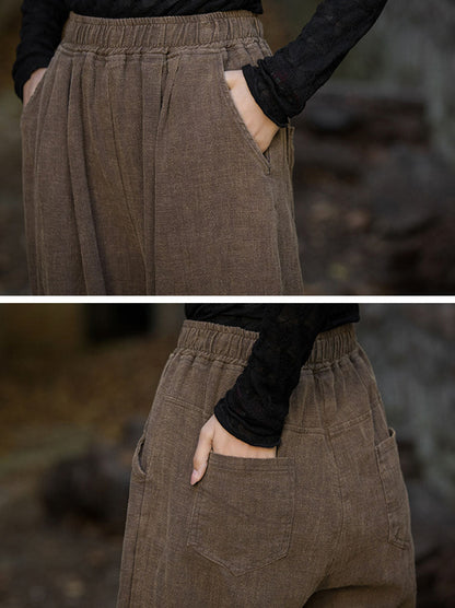 Women Vintage Autumn Solid Loose Ramie Cuffed Pants AT1013