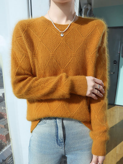 Women Autumn O-Neck Solid Rhomboids Wool Warm Knit Sweater AV1010