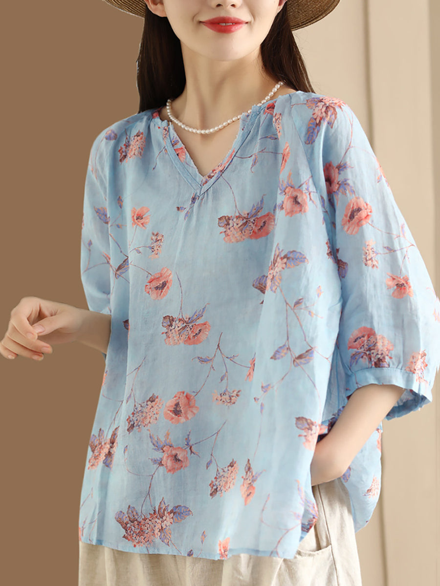 Chemise ample à col en V et fleurs d'été pour femmes OO1035