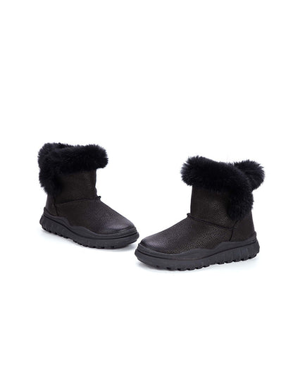 Women Solid Leather Plush Spliced Winter Boots AX1046