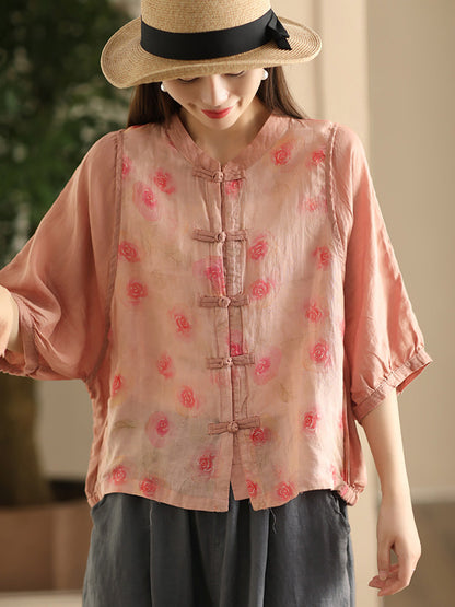 Women Summer Vintage Flower Spliced Button-up Ramie Shirt FD042