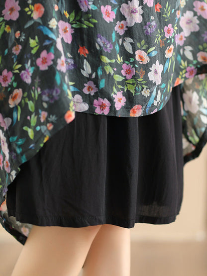 Women Artsy Summer Flower Ramie A-shape Skirt CO1025