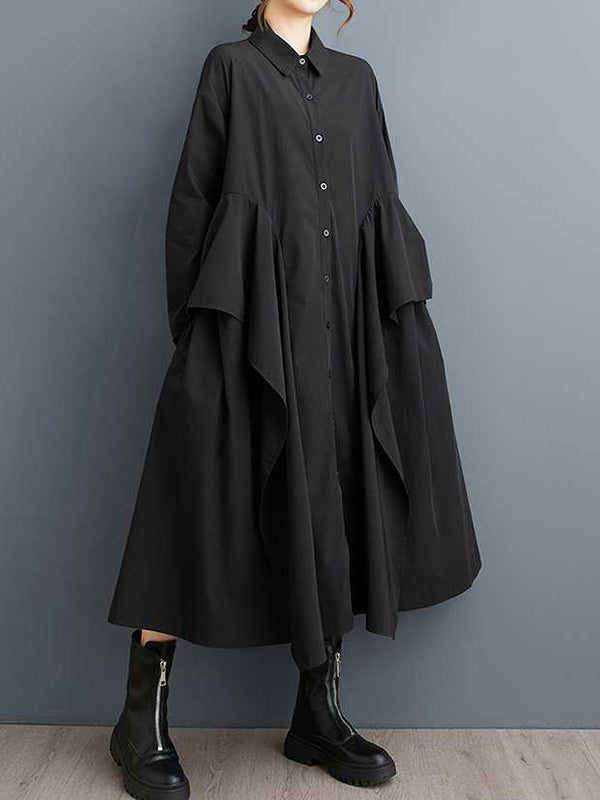 Robe noire unique à manches longues et revers boutonnés, bordure à volants et patchwork TW018 