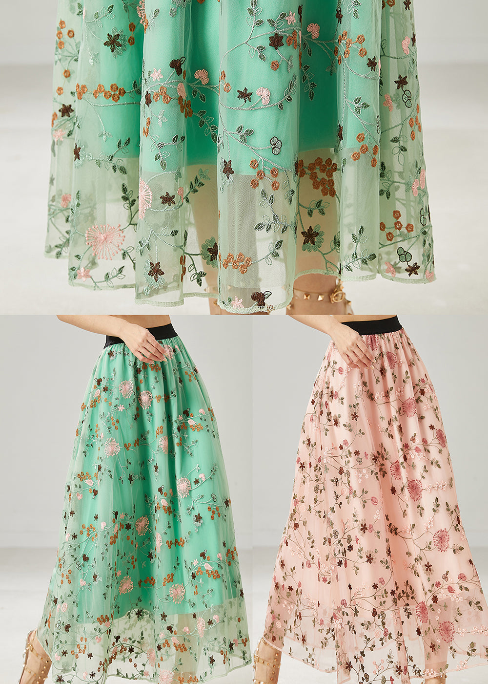 Italian Green Embroidered Tulle Skirts Summer AZ1044