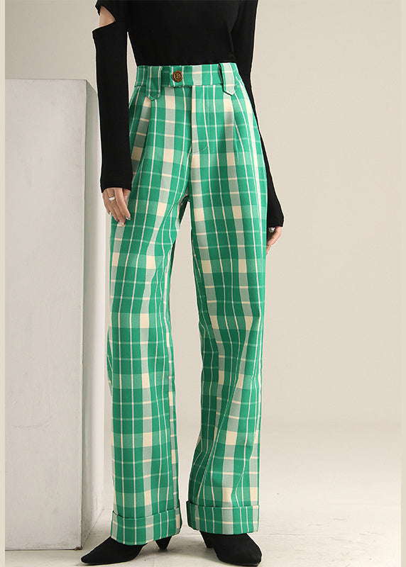 Bohemian Green Plaid high waist straight pants Spring TT1019