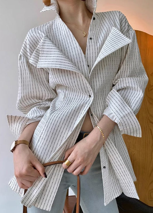 White Striped Design Shirt Original Art Cotton Button Spring