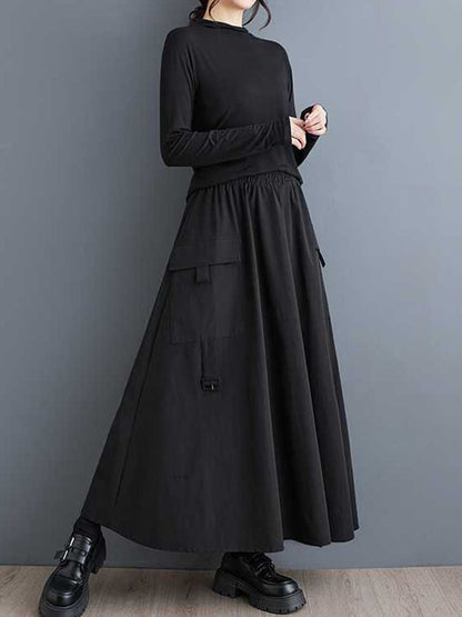 Sports Black Elasticity Pleated Pockets Split-Joint A-Line Skirt WS005