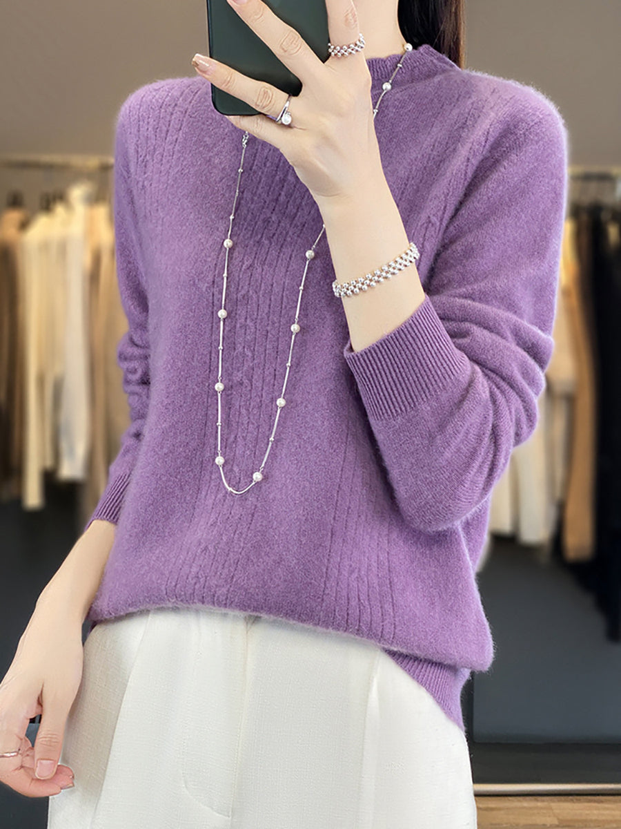 Women Autumn Solid Cable Knit 100%Wool Half Turtleneck Sweater QN028