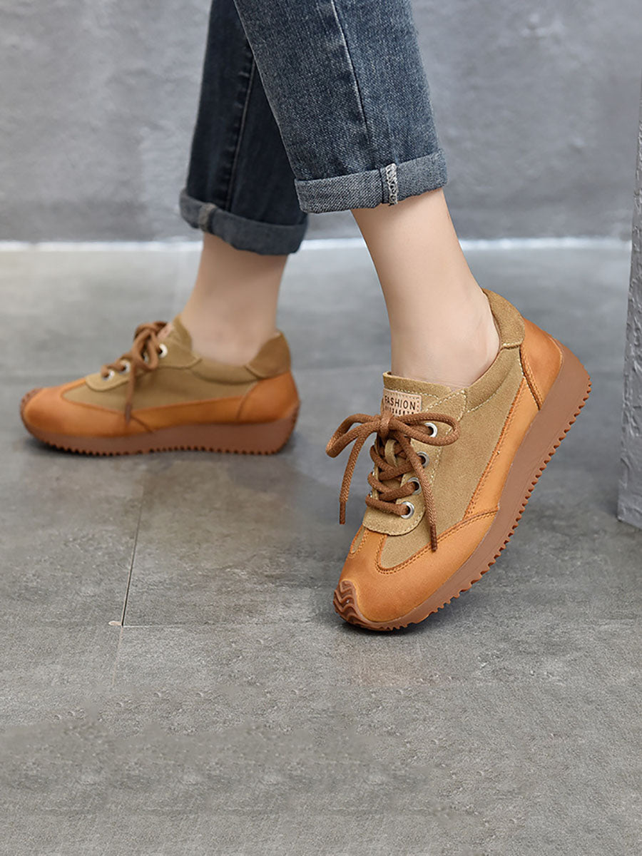 Women Casual Leather Colorblock Strap Mid Heel Sport Shoes BA1028