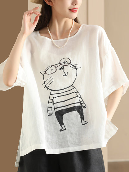 Women Summer Cartoon Cat Print Ramie Pullover Shirt OO1034