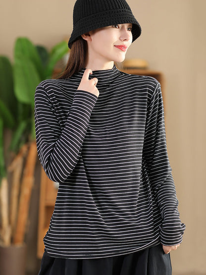 Women Autumn Casual Stripe Half Turtleneck Blouse AI1064