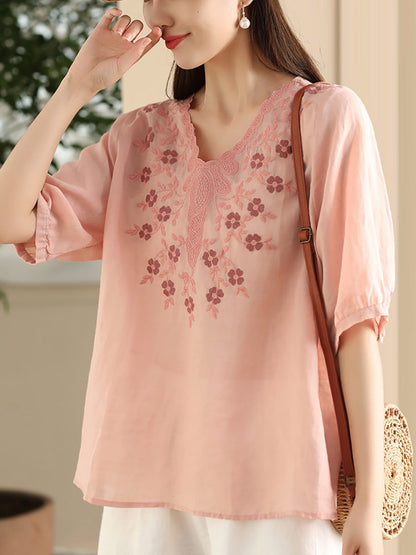 Women Summer Artsy Flower Embroidery Ramie V-Neck Shirt CC030