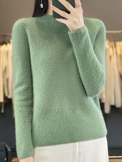 Women Autumn Casual Solid Knit 100%Wool O-Neck Sweater WU010