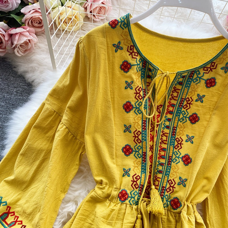 Ethnic Yellow Crew-neck Embroidery Raglan Long Puff Sleeve A-line Dress AR1006