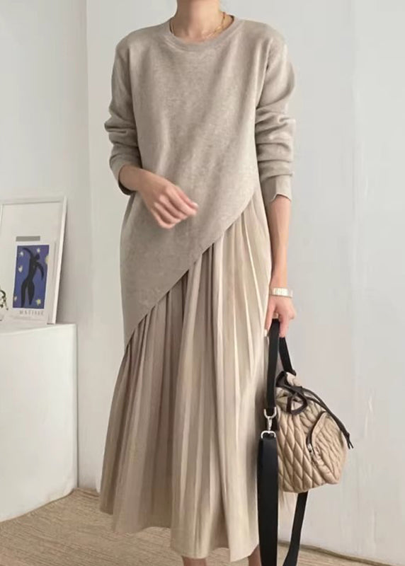 Asymmetrical Dress Wrinkled Two Knit Khaki Beautiful Set Piece