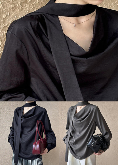 Black Solid Loose Cotton Shirt Bow Long Sleeve AF1057