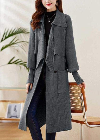 Elegant Grey Peter Pan Collar Tie Waist Knit Coats Winter WD028