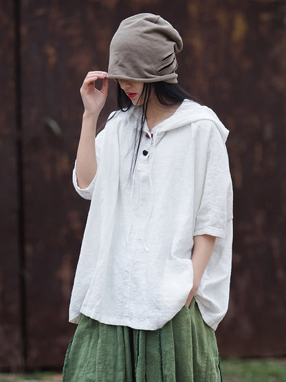 Women Summer Retro Solid Loose Hooded Ramie Shirt CC045