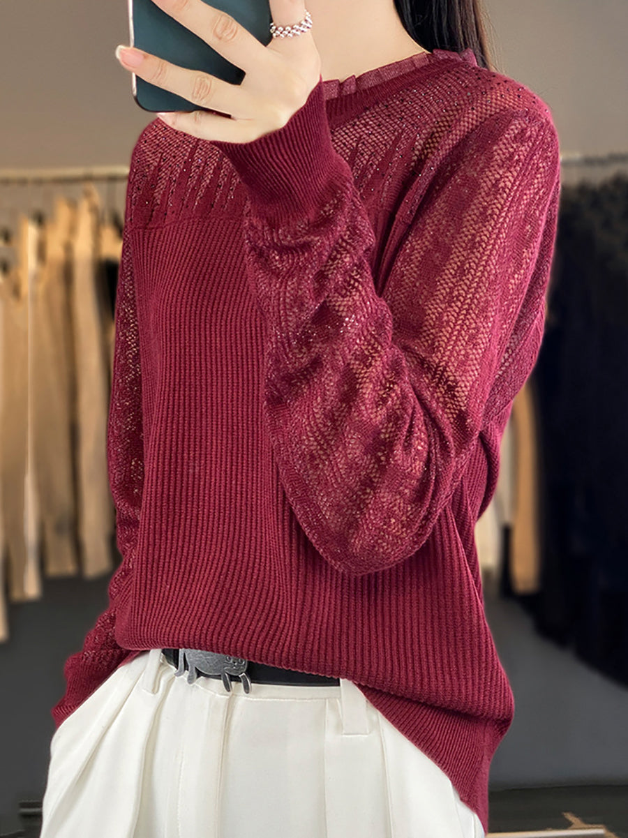 Women Autumn Solid Lace Knit Sweater QM030