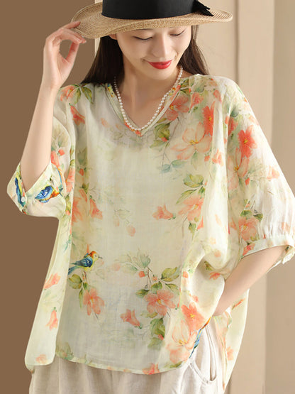 Women Summer Flower V-Neck Ramie Loose Shirt OO1035