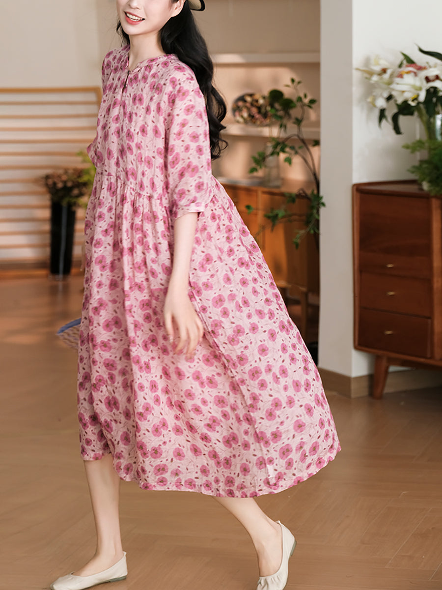 Robe d'été ample en ramie à motif floral pour femme OO1042