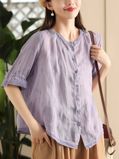 Women Summer Vintage Embroidery Button-up Ramie Shirt CX007