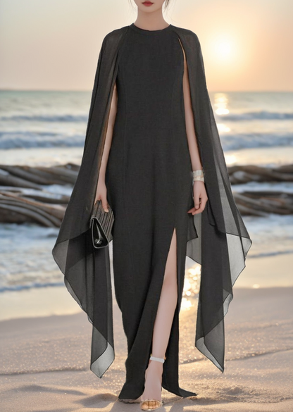 Fashion Black Asymmetrical Patchwork Cape Chiffon Dress Summer AH372