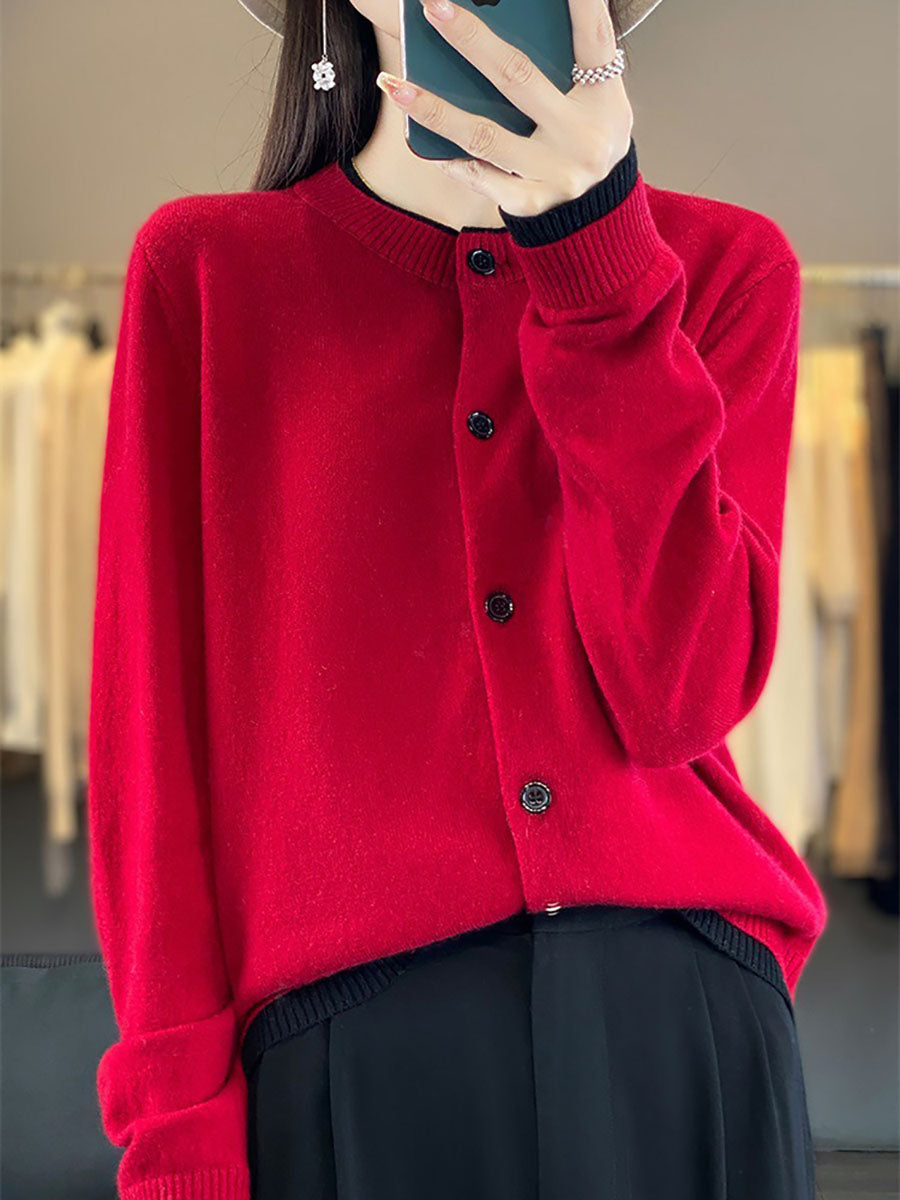 Women Autumn Colorblock Knit 100%Wool O-Neck Sweater QM006