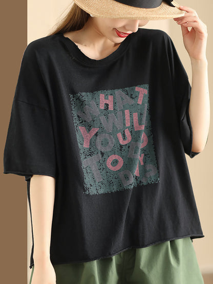 Women Summer Casual Print O-Neck Loose Cotton Shirt BN1020