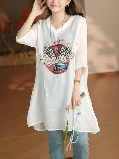 Women Summer Casual Print V-Neck Ramie Long Shirt LL022