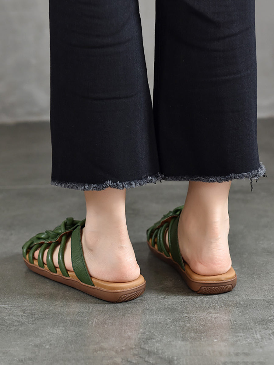 Women Summer Solid Leather Spliced Flat Slippers UI1025