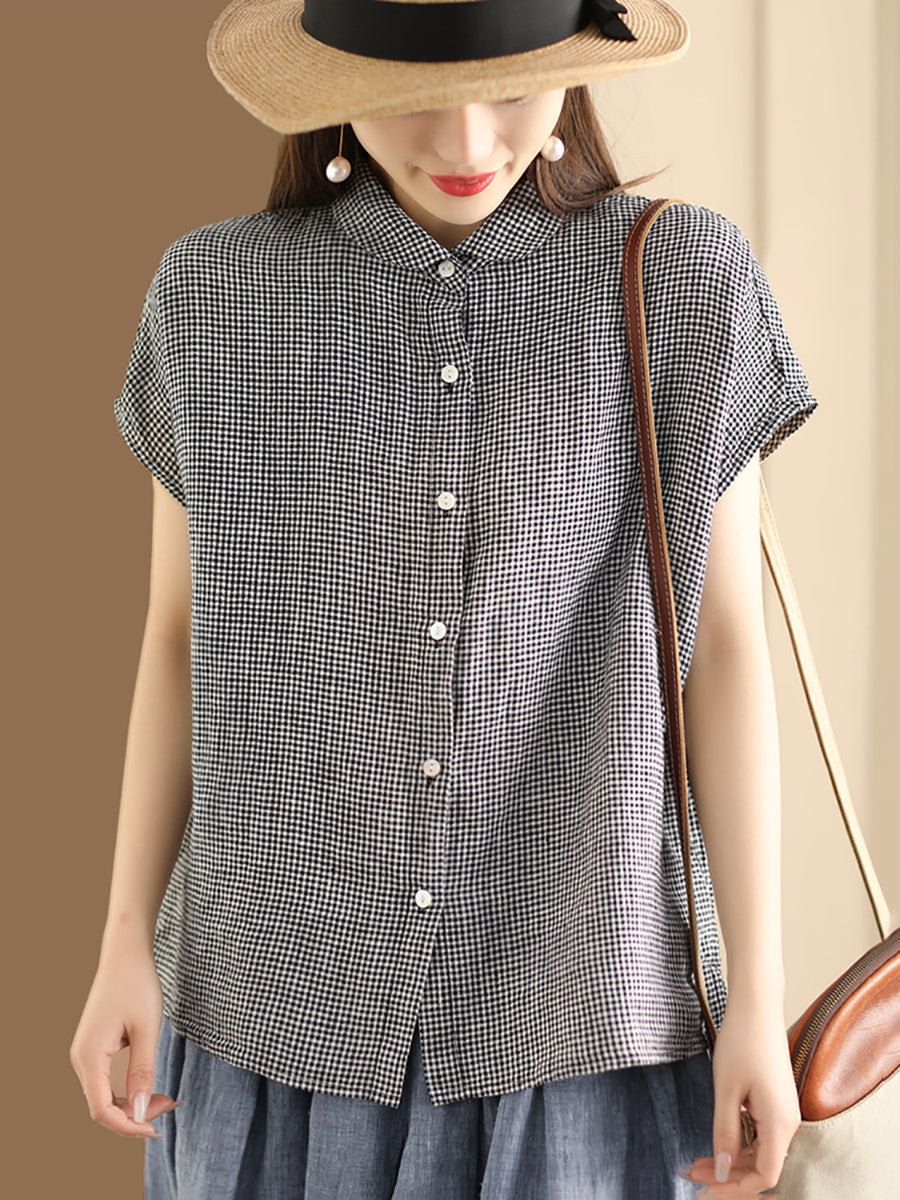 Plus Size Women Vintage Solid 100%Linen Button-up Shirt WE1048