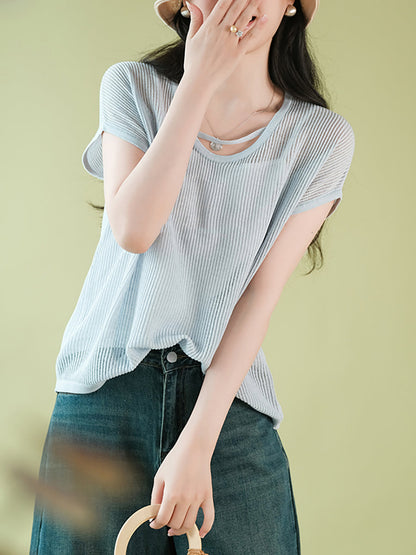 Women Summer Artsy O-Neck Solid Thin Shirt CX036