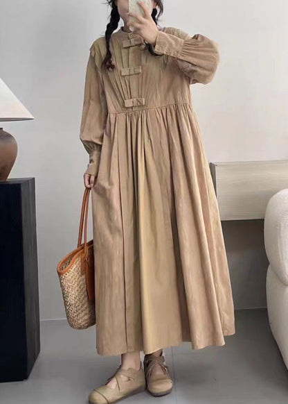 Khaki Pockets Solid Cotton Dresses Stand Collar Spring NN006