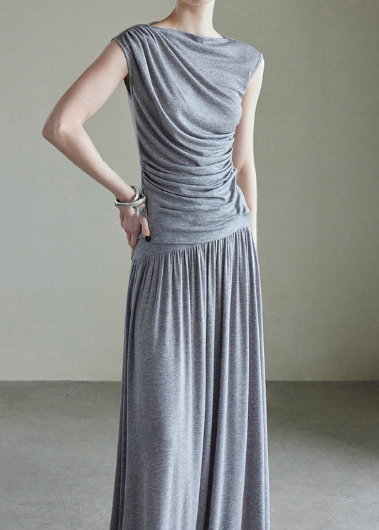 Handmade Grey Slash Neck Vest And Maxi Skirts Cotton Two Piece Set Sleeveless AJ1034