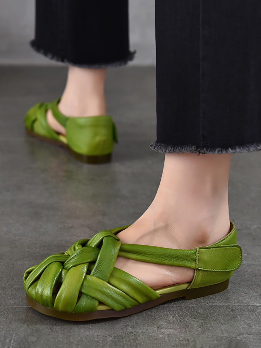 Sommer Leder Flache Retro Frauen Weben Echte Schuhe