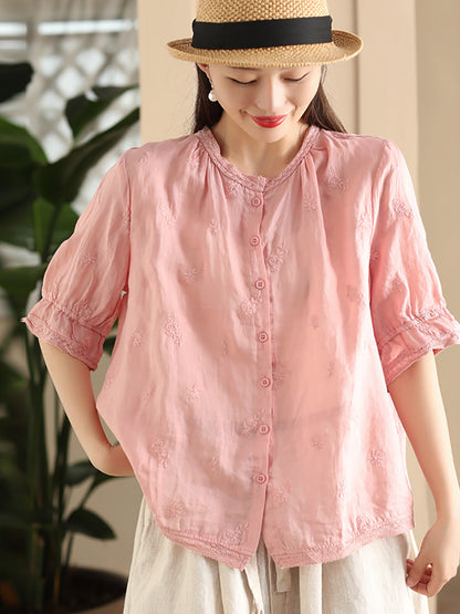 Women Summer Vintage Embroidery Button-up Ramie Shirt CX007