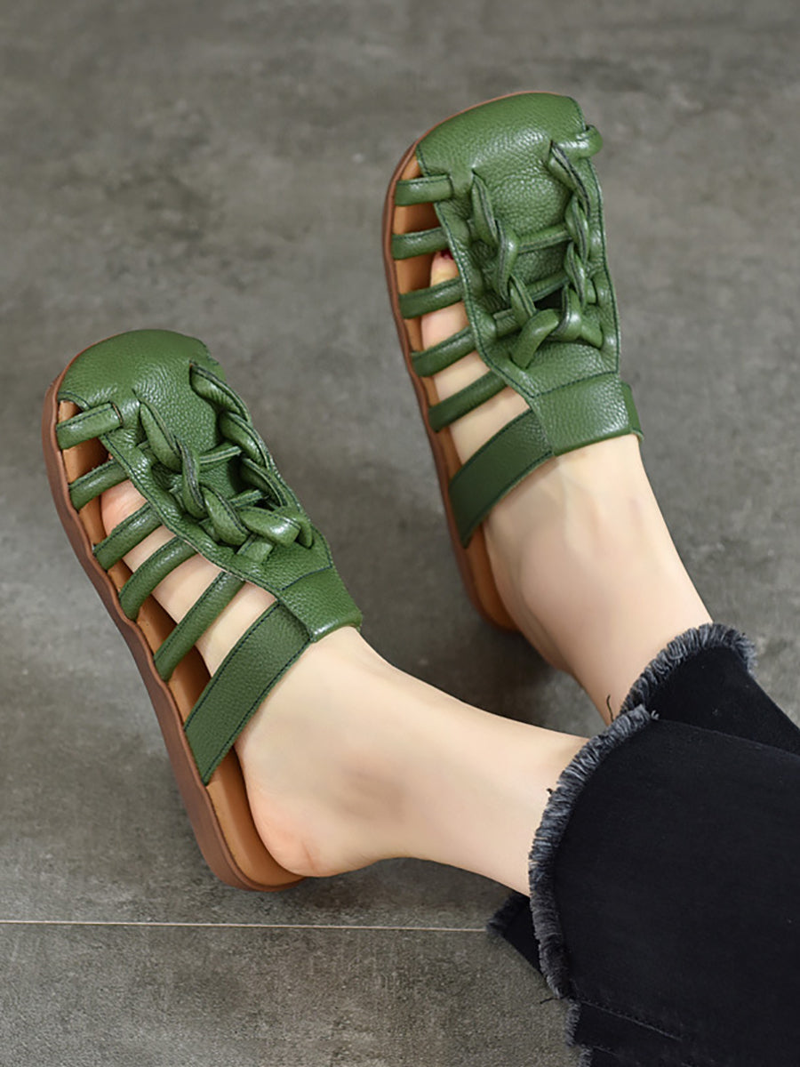 Women Summer Solid Leather Spliced Flat Slippers UI1025