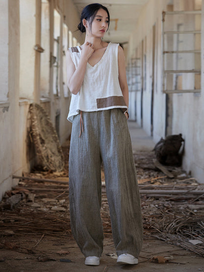 Women Summer Vintage Worn Straight Linen Pants IO1010